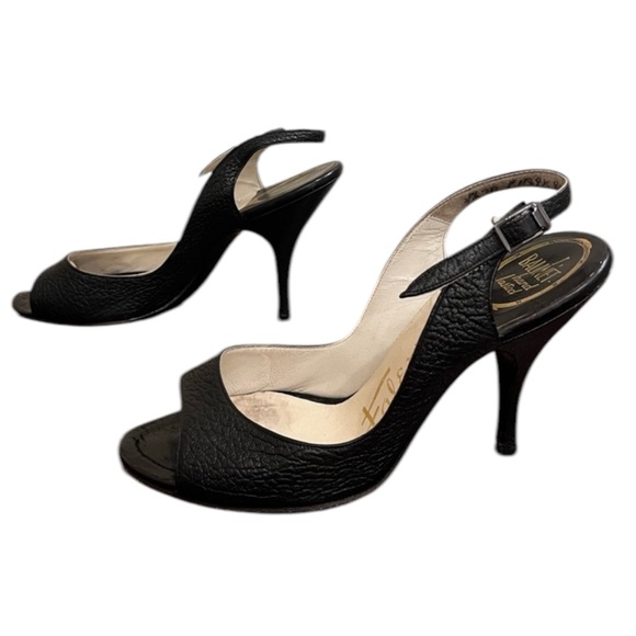 Vintage Falenti Black Leather Slingback Peep-toe heels - Picture 5 of 10